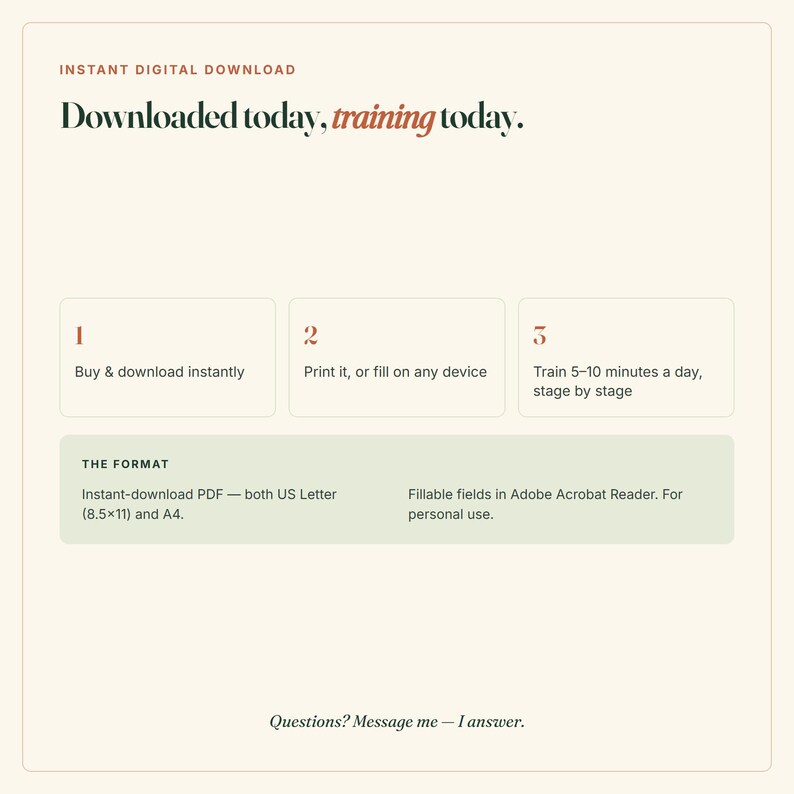 Puede incluir: Un gr&aacute;fico informativo para una descarga digital instant&aacute;nea titulado Downloaded today, training today. Describe un proceso de tres pasos: comprar y descargar, imprimir o completar en cualquier dispositivo, y entrenar 5-10 minutos al d&iacute;a.