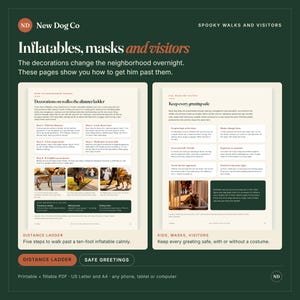 May include: A digital guide titled Inflatables, masks and visitors by New Dog Co. The pages feature text, bulleted lists, and small photographs illustrating dog training techniques for Halloween, including a distance ladder and safety tips.