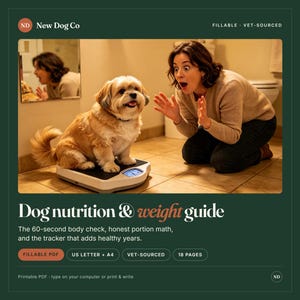 K&ouml;nnte beinhalten: Ein digitales Dokument mit dem Titel Dog nutrition & weight guide von New Dog Co. Das Cover zeigt einen hellbraunen und wei&szlig;en Hund auf einer schwarz-wei&szlig;en Waage, daneben eine kniende Person. Der Text umfasst Fillable PDF, US Letter + A4, Vet-Sourced und 18 Pages.