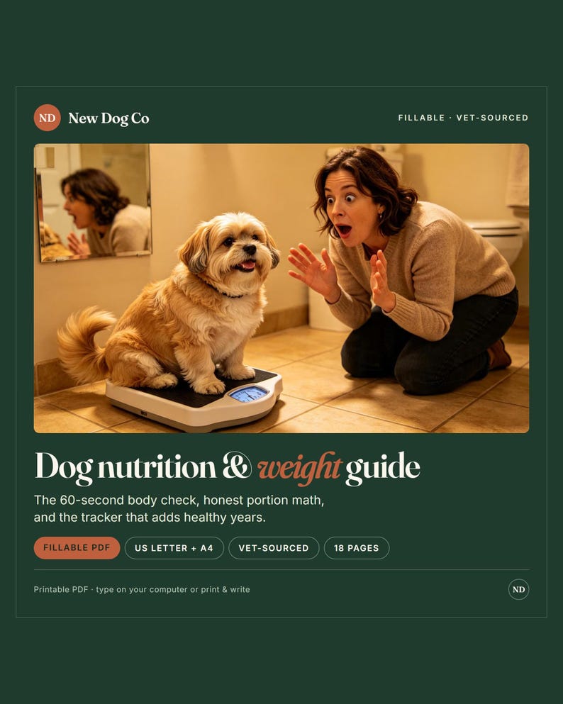 K&ouml;nnte beinhalten: Ein digitales Dokument mit dem Titel Dog nutrition & weight guide von New Dog Co. Das Cover zeigt einen hellbraunen und wei&szlig;en Hund auf einer schwarz-wei&szlig;en Waage, daneben eine kniende Person. Der Text umfasst Fillable PDF, US Letter + A4, Vet-Sourced und 18 Pages.