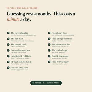 Puede incluir: Un documento de 18 p&aacute;ginas titulado Guessing costs months. This costs a minute a day. Enumera 13 temas, incluidos The three allergies, The itch map, The test-kit truth, Contamination traps, Infections & red flags, 12-week symptom log y Vet-visit prep sheet.