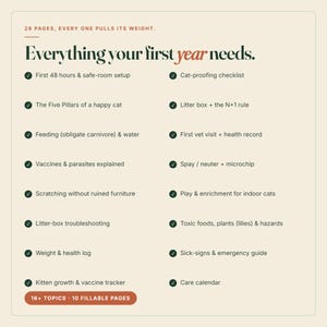 May include: A 28-page cat care guide titled Everything your first year needs. The document features a checklist of topics including cat-proofing, feeding, health logs, and emergency guides, with 16 topics and 10 fillable pages in a cream-colored layout.