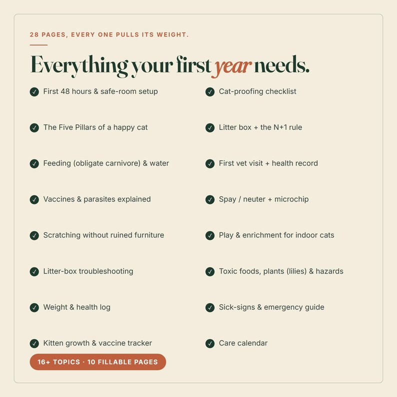 May include: A 28-page cat care guide titled Everything your first year needs. The document features a checklist of topics including cat-proofing, feeding, health logs, and emergency guides, with 16 topics and 10 fillable pages in a cream-colored layout.