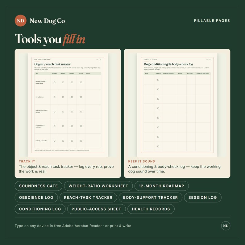 Service Dog Training Guide & Planner | Mobility Assistance Dog | Owner-Trainer Task Log + Fillable Soundness Gate | Vet-Sourced PDF image 7