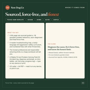 K&ouml;nnte beinhalten: Eine dunkelgr&uuml;ne Infografik von New Dog Co mit dem Titel Sourced, force-free, and honest. Sie listet Fachreferenzen auf und beschreibt einen 66-seitigen tier&auml;rztlichen Leitfaden, eine Fehlerbehebungskarte, ein Probleml&ouml;sungs-Kit und PDF-Dateien.