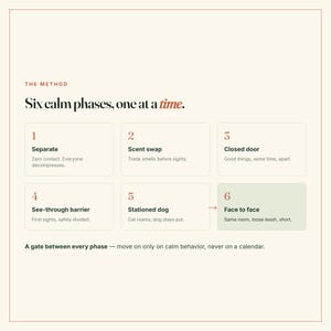 May include: An infographic titled The Method: Six calm phases, one at a time. It lists six numbered steps for pet introduction: 1 Separate, 2 Scent swap, 3 Closed door, 4 See-through barrier, 5 Stationed dog, and 6 Face to face, with a final note below.