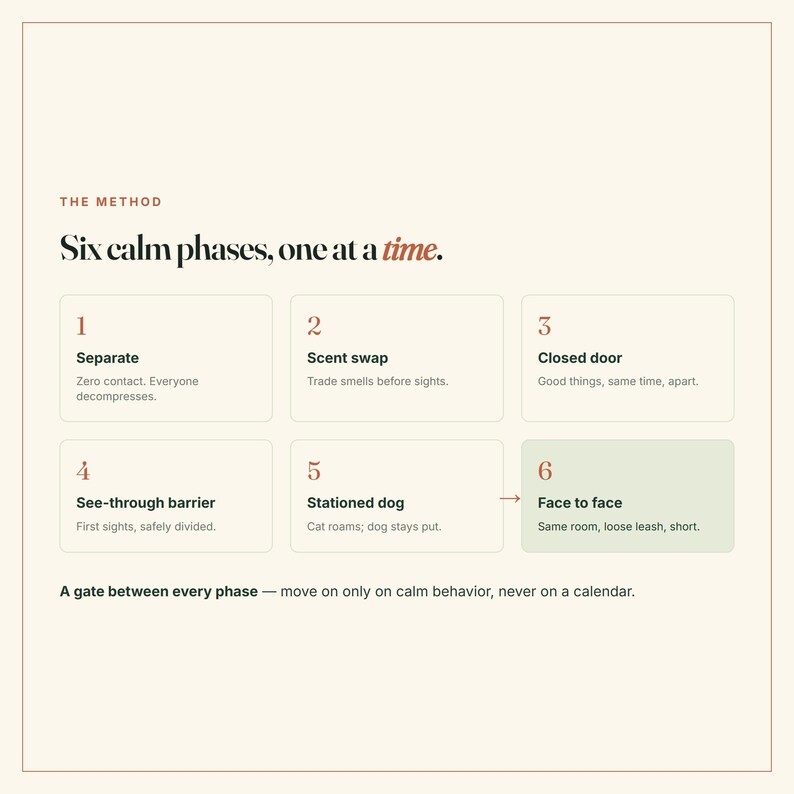 May include: An infographic titled The Method: Six calm phases, one at a time. It lists six numbered steps for pet introduction: 1 Separate, 2 Scent swap, 3 Closed door, 4 See-through barrier, 5 Stationed dog, and 6 Face to face, with a final note below.