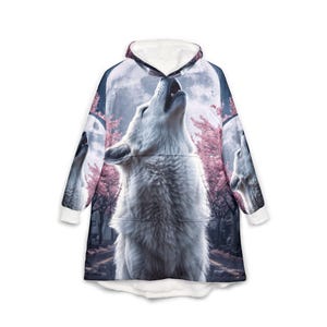 Wolf Cherry Blossom Hoodie Blanket, Oversized Sherpa Cozy Wearable Fleece