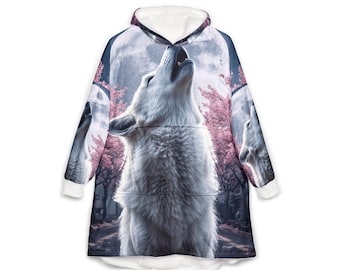 Wolf Cherry Blossom hoodiedeken, oversized sherpa cosy wearable fleece