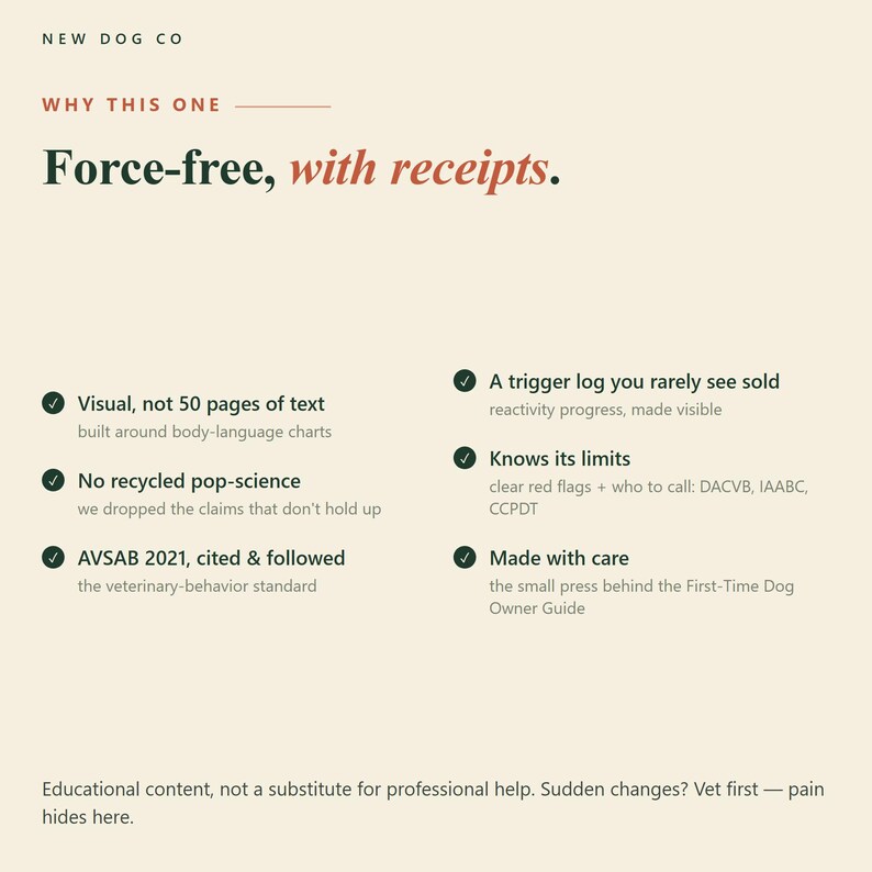 Puede incluir: Un gr&aacute;fico informativo beige titulado NEW DOG CO WHY THIS ONE Force-free, with receipts. Enumera seis puntos sobre est&aacute;ndares de adiestramiento canino, incluyendo gr&aacute;ficos visuales, citas de AVSAB 2021 y un registro de disparadores.