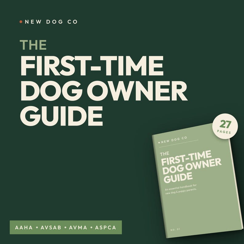 May include: A dark green background with the text "THE FIRST-TIME DOG OWNER GUIDE" in large white letters. A smaller book with the same title is in the lower right corner. The book is 27 pages.