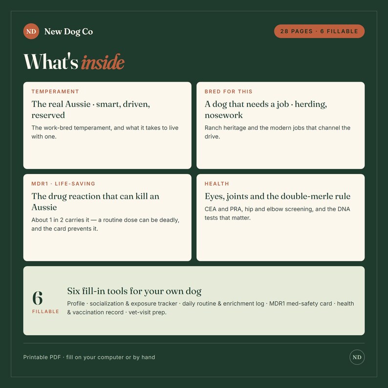 May include: A dark green informational document titled New Dog Co What's inside, featuring 28 pages and 6 fillable sections. It outlines Australian Shepherd temperament, breed history, MDR1 drug reactions, health screenings, and six fillable tools.