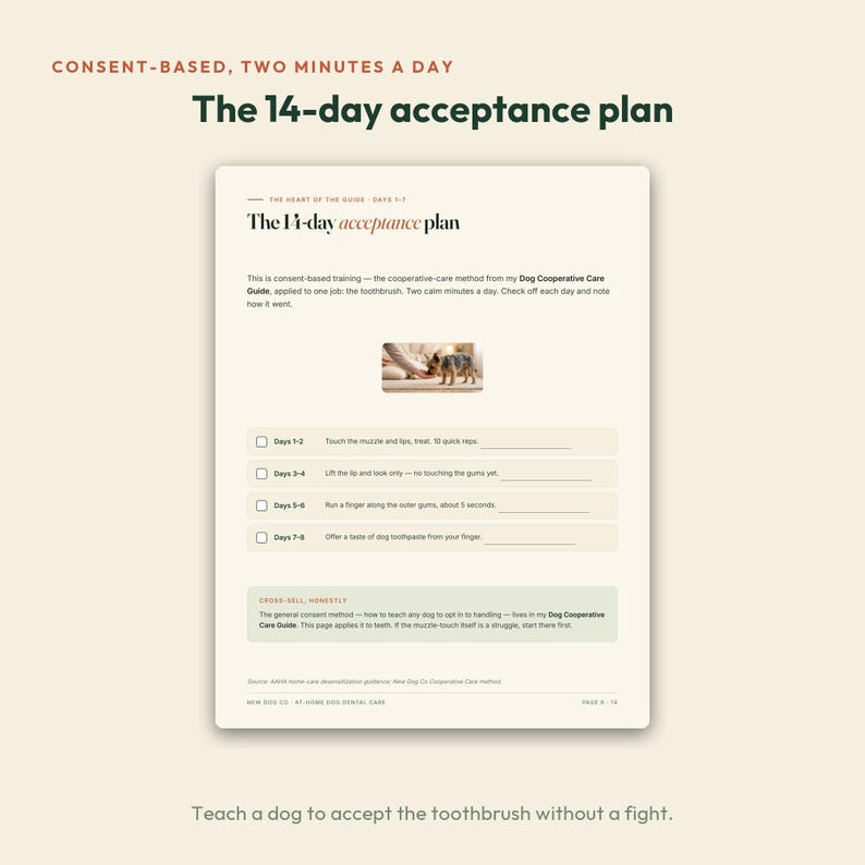 May include: A printed page titled The 14-day acceptance plan, featuring a photograph of a small dog, checkboxes for daily tasks, and text instructions for consent-based training. The document includes sections for days 1-8 and a cross-sell note.