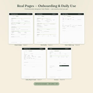 May include: A collection of five printable business forms titled Real Pages &mdash; Onboarding & Daily Use, including a Client Intake Form, Pet Profile Sheet, Visit / Walk Log, Daily Report Card, and Invoice, all featuring dark green headers and white fields.