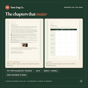 May include: A dark green informational graphic titled The chapters that matter by New Dog Co. It displays two white pages: one with text about mapping a home for a blind dog and another with a fillable grid for home mapping. Bottom buttons list sources.