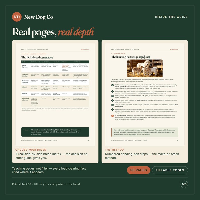 K&ouml;nnte beinhalten: Ein digitaler Leitfaden mit dem Titel New Dog Co, der zwei offene Seiten auf dunkelgr&uuml;nem Hintergrund zeigt. Die linke Seite enth&auml;lt eine Rassenvergleichstabelle, w&auml;hrend die rechte Seite einen Aufbau zur Bindung mit Foto zeigt.