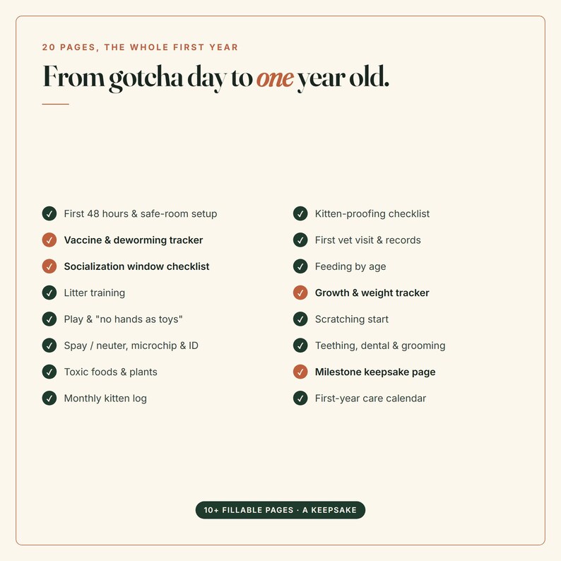 Puede incluir: Un planificador de cuidados para gatitos de 20 p&aacute;ginas titulado From gotcha day to one year old. Presenta dos columnas de listas de verificaci&oacute;n con marcas verdes y naranjas que cubren temas como vacunas, entrenamiento y crecimiento.
