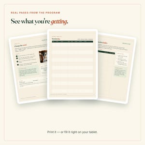 Puede incluir: Tres p&aacute;ginas de un programa digital de adiestramiento canino que incluyen un registro de sesiones, texto instructivo y una foto de un perro. Las p&aacute;ginas contienen encabezados como Charge the word, Session log y Distraction ladder, con campos rellenables.