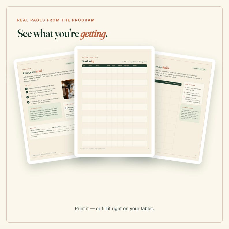 Puede incluir: Tres p&aacute;ginas de un programa digital de adiestramiento canino que incluyen un registro de sesiones, texto instructivo y una foto de un perro. Las p&aacute;ginas contienen encabezados como Charge the word, Session log y Distraction ladder, con campos rellenables.
