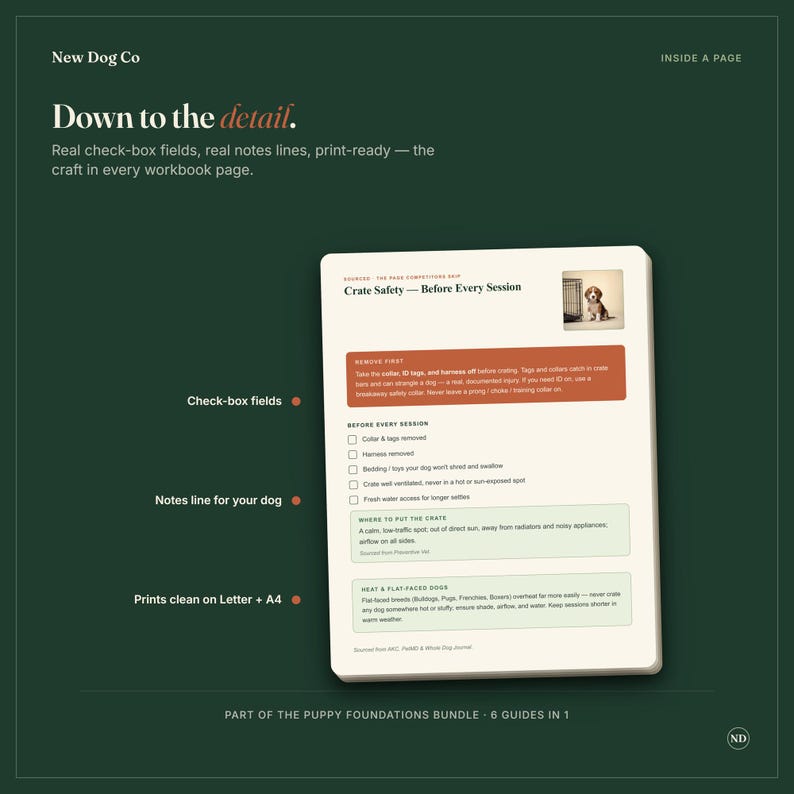 May include: A dark green graphic featuring a white workbook page titled Crate Safety &mdash; Before Every Session. The page includes a small puppy photo, a rust-colored text box, check-box fields, and light green informational boxes with black text.