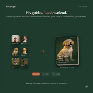 May include: A digital product bundle titled Six guides. One download. featuring six individual dog training guide covers on the left and a larger guide cover titled Stop Puppy Biting on the right, all set against a dark green background.