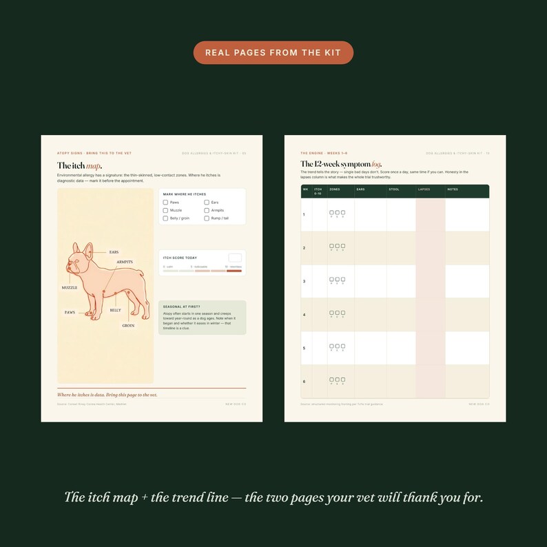 Puede incluir: Dos p&aacute;ginas de color crema de un kit de salud para mascotas. La p&aacute;gina izquierda presenta The itch map con una ilustraci&oacute;n de un bulldog franc&eacute;s y casillas de verificaci&oacute;n. La p&aacute;gina derecha muestra The 12-week symptom log con una cuadr&iacute;cula.