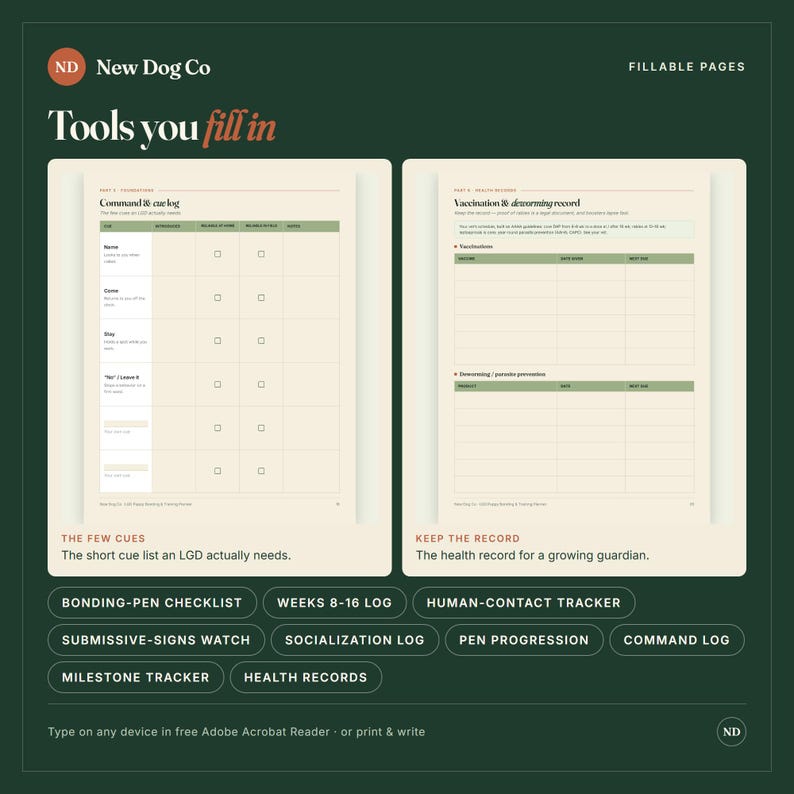 May include: A digital planner page set titled Tools you fill in by New Dog Co. It features a Command & cue log and a Vaccination & deworming record with olive green headers. Includes checklists for bonding, socialization, and health tracking.