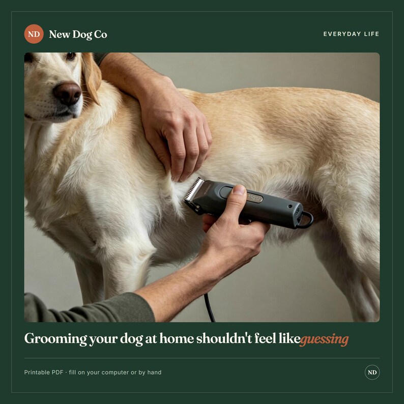 Puede incluir: Una cortadora de pelo el&eacute;ctrica de color gris oscuro para mascotas utilizada para arreglar a un perro de pelaje claro. La imagen incluye el texto New Dog Co, EVERYDAY LIFE, Grooming your dog at home shouldn't feel like guessing y Printable PDF - fill on your computer or by hand.