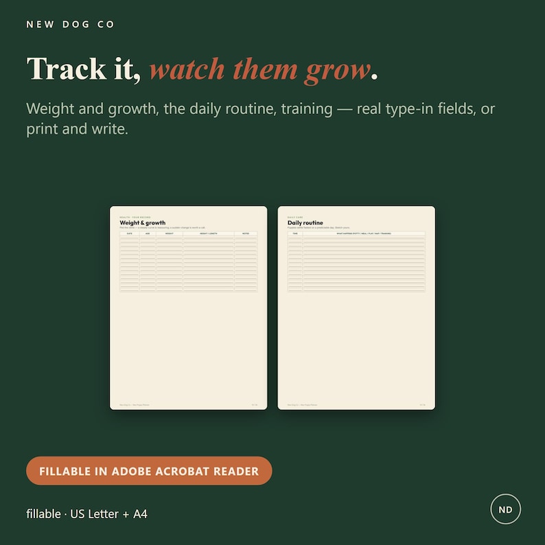May include: Two digital tracking sheets on a dark green background. The left sheet is titled Weight & growth with columns for date, age, weight, height, and notes. The right sheet is titled Daily routine with fields for time and activities.