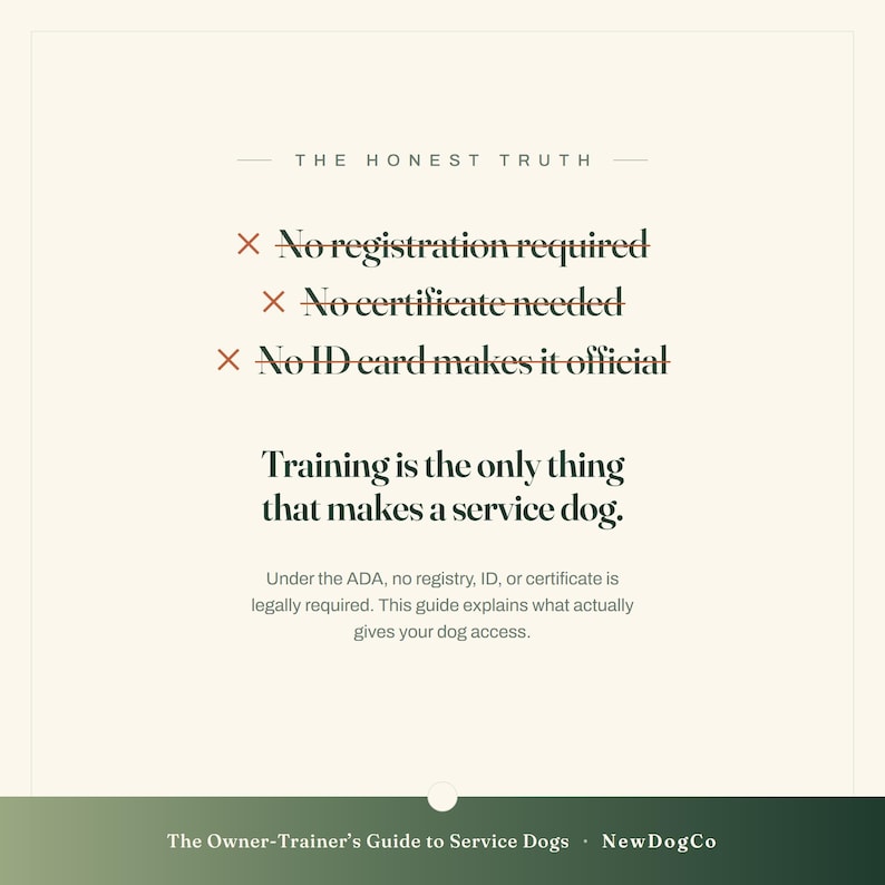 K&ouml;nnte beinhalten: Eine Infografik mit dem Titel THE HONEST TRUTH und durchgestrichenem Text: No registration required, No certificate needed und No ID card makes it official. Der Text besagt: Training is the only thing that makes a service dog.