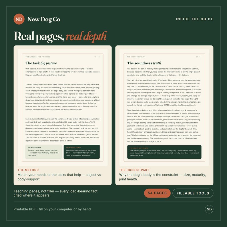 Service Dog Training Guide & Planner | Mobility Assistance Dog | Owner-Trainer Task Log + Fillable Soundness Gate | Vet-Sourced PDF image 3