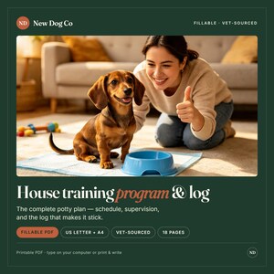 Programma en logboek voor zindelijkheidstraining van puppy's | Zindelijkheidstrainingplan, ongelukjesregistratie (invulbaar PDF-bestand)