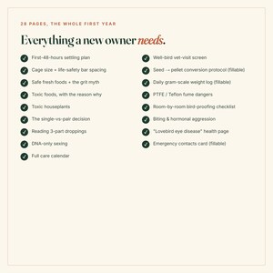 Puede incluir: Un documento informativo de 28 p&aacute;ginas titulado Everything a new owner needs, que presenta una lista de verificaci&oacute;n sobre el cuidado de aves, incluyendo planes de adaptaci&oacute;n, seguridad, dieta, peligros y contactos de emergencia.