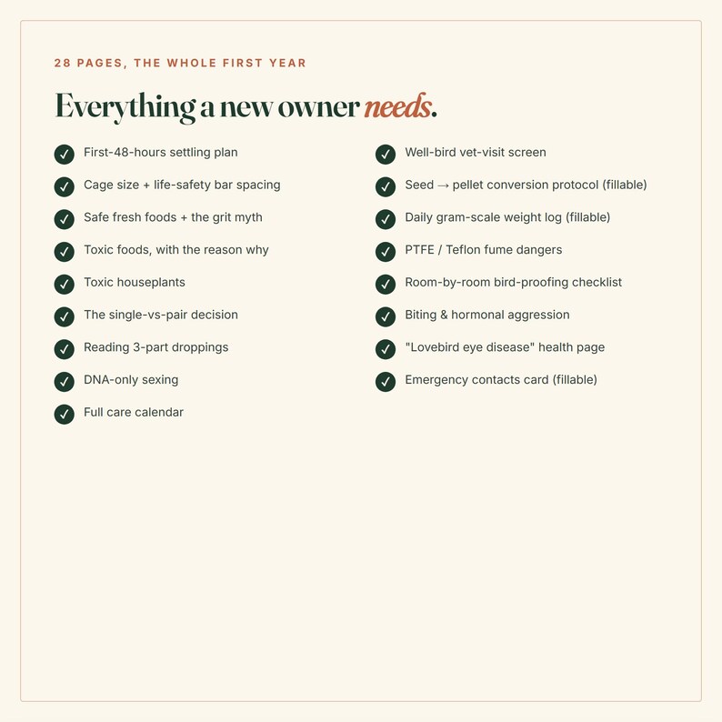 Puede incluir: Un documento informativo de 28 p&aacute;ginas titulado Everything a new owner needs, que presenta una lista de verificaci&oacute;n sobre el cuidado de aves, incluyendo planes de adaptaci&oacute;n, seguridad, dieta, peligros y contactos de emergencia.