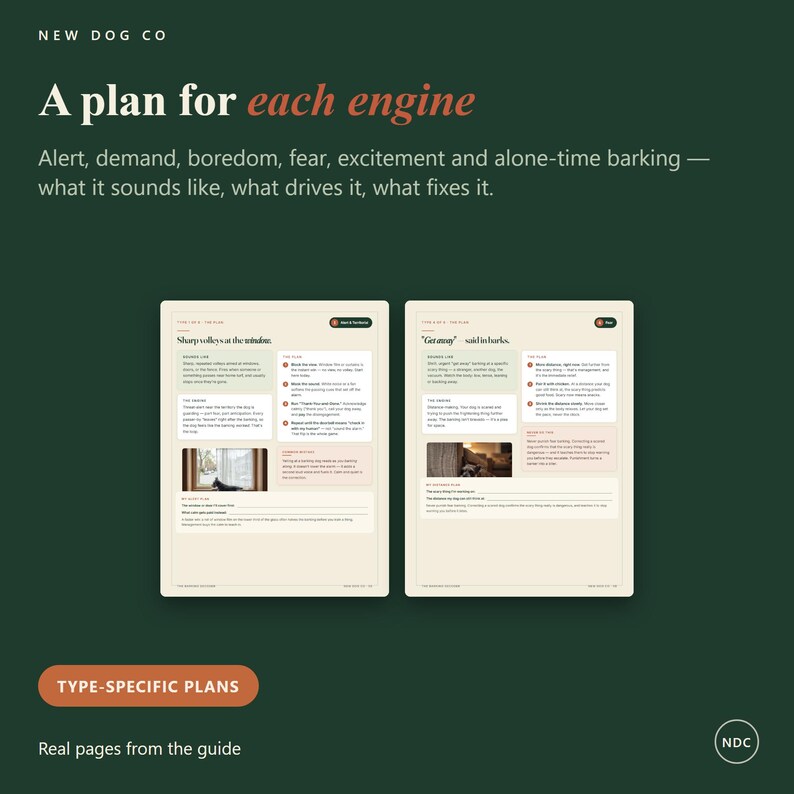 May include: Two informational pages from a guide titled A plan for each engine by New Dog Co. The pages feature text, numbered lists, and small photographs, detailing strategies for managing dog barking behaviors like Sharp volleys at the window.