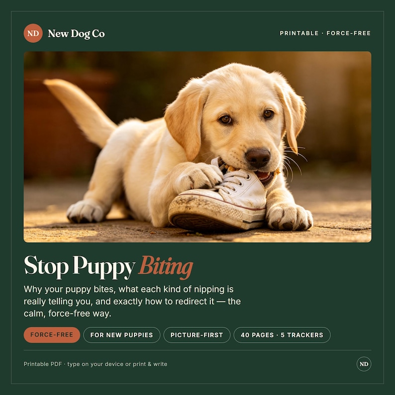 May include: A digital guide titled Stop Puppy Biting by New Dog Co, featuring a light-colored puppy chewing on a white sneaker. The 40-page printable PDF includes 5 trackers and focuses on force-free redirection methods for new puppies.