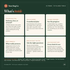 Puede incluir: Un gr&aacute;fico informativo de color verde oscuro titulado New Dog Co What's inside, que presenta 52 p&aacute;ginas y 10 herramientas rellenables. Contiene seis cajas rectangulares blancas con texto que describe herramientas como The Decision Tool y The 0-8 Ladder.