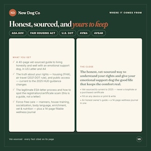 Peut inclure: Un graphique informatif vert fonc&eacute; intitul&eacute; New Dog Co Honest, sourced, and yours to keep. Il pr&eacute;sente un guide v&eacute;t&eacute;rinaire de 40 pages pour chiens de soutien &eacute;motionnel, incluant les droits au logement, le transport a&eacute;rien et un journal.