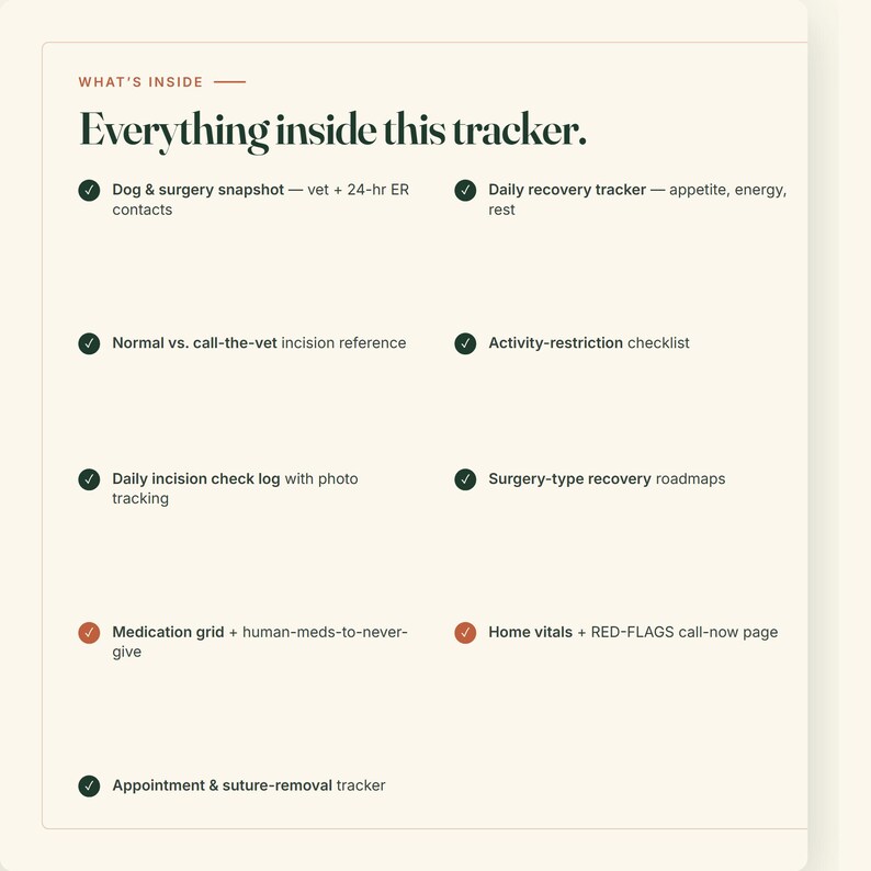 May include: A light-colored informational card titled "Everything inside this tracker" with a list of features including a dog and surgery snapshot, daily recovery tracker, incision reference, activity checklist, medication grid, and vitals log.