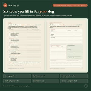 Pode incluir: Um planejador digital para c&atilde;es com duas p&aacute;ginas intituladas Socialization & exposure tracker e Health & vaccination record. O layout inclui caixas de sele&ccedil;&atilde;o, campos preench&iacute;veis e se&ccedil;&otilde;es para rastreamento de sa&uacute;de e vacinas.
