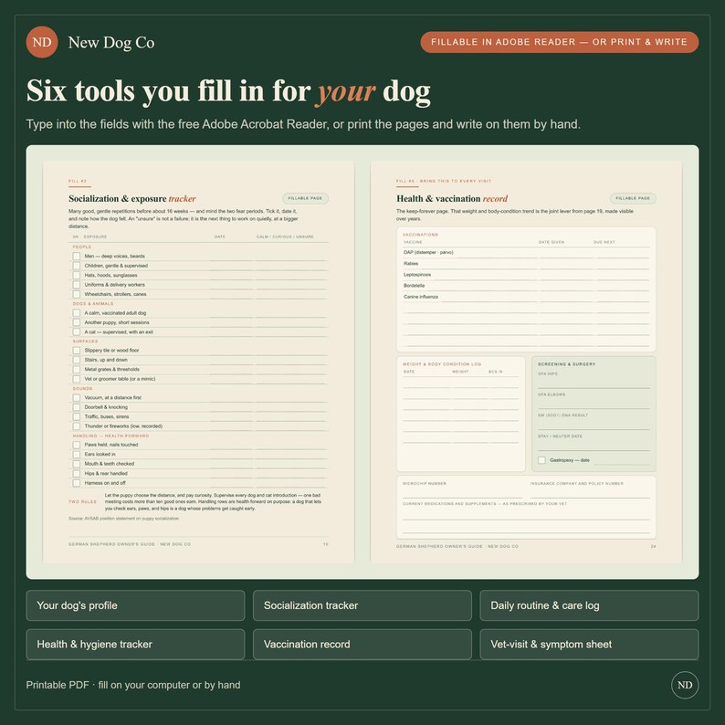 Pode incluir: Um planejador digital para c&atilde;es com duas p&aacute;ginas intituladas Socialization & exposure tracker e Health & vaccination record. O layout inclui caixas de sele&ccedil;&atilde;o, campos preench&iacute;veis e se&ccedil;&otilde;es para rastreamento de sa&uacute;de e vacinas.