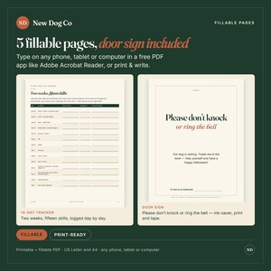 May include: A digital set of 5 fillable pages including a 14-day practice tracker and a door sign. The tracker lists two weeks of skills to log. The door sign reads: Please don't knock or ring the bell. Our dog is resting. Treats are in the bowl.