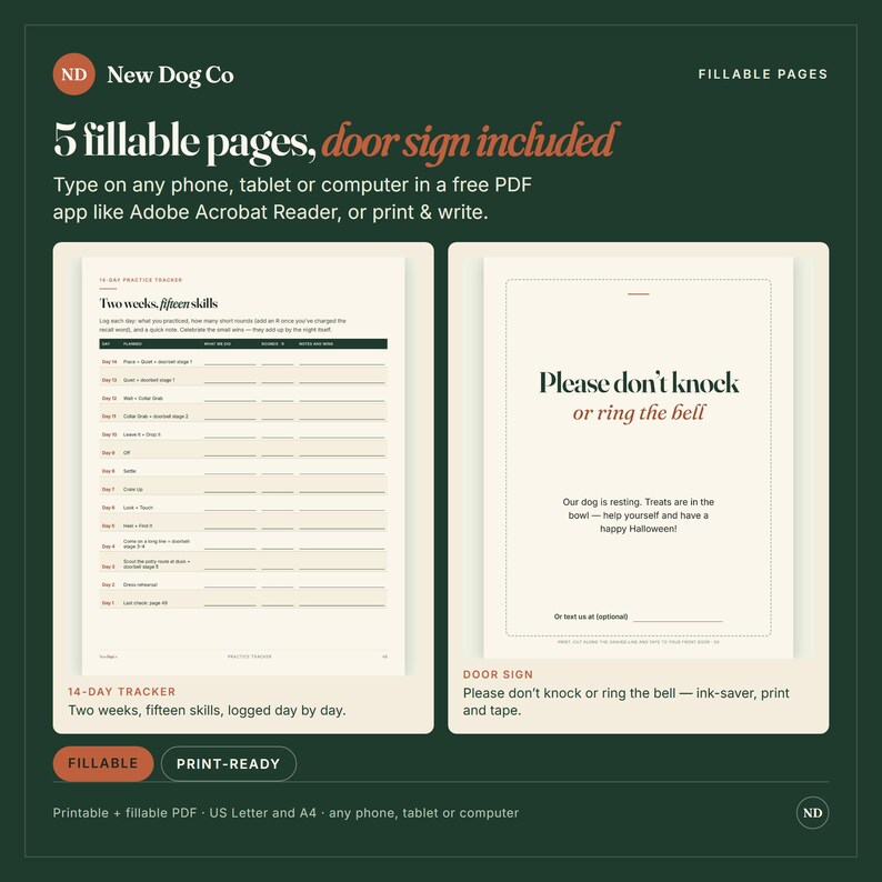May include: A digital set of 5 fillable pages including a 14-day practice tracker and a door sign. The tracker lists two weeks of skills to log. The door sign reads: Please don't knock or ring the bell. Our dog is resting. Treats are in the bowl.