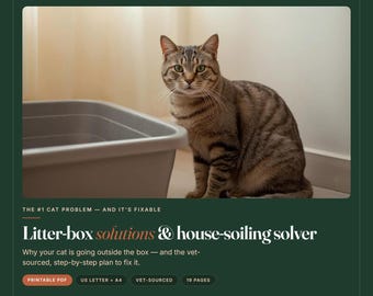 May include: A digital guide titled Litter-box solutions & house-soiling solver featuring a brown tabby cat sitting next to a gray plastic litter box. The document includes 19 pages in US Letter and A4 formats, providing a vet-sourced plan.