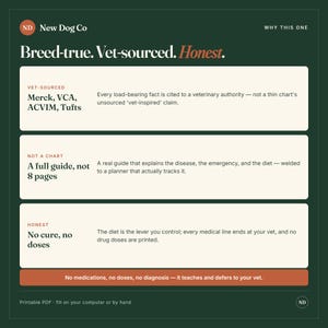 Może przedstawiać: Ciemnozielona grafika informacyjna zatytułowana New Dog Co Breed-true. Vet-sourced. Honest. Zawiera trzy białe prostokątne sekcje szczeg&oacute;łowo opisujące fakty weterynaryjne, pełny format przewodnika oraz nacisk na dietę zamiast lek&oacute;w.
