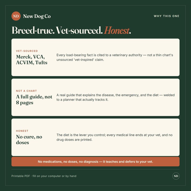 Może przedstawiać: Ciemnozielona grafika informacyjna zatytułowana New Dog Co Breed-true. Vet-sourced. Honest. Zawiera trzy białe prostokątne sekcje szczeg&oacute;łowo opisujące fakty weterynaryjne, pełny format przewodnika oraz nacisk na dietę zamiast lek&oacute;w.
