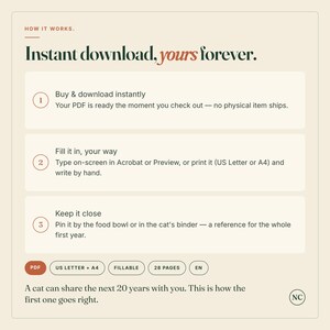 May include: An informational graphic titled How it works. Instant download, yours forever. It outlines three steps for a digital PDF: buy and download, fill it in on-screen or print in US Letter or A4, and keep it for reference. Includes 28 pages.