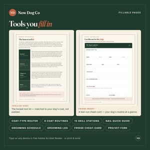 Puede incluir: Dos p&aacute;ginas imprimibles tituladas Tools you fill in y My dog at a glance. La p&aacute;gina izquierda enumera herramientas de aseo como cepillos, tijeras, cortapelos y secadores. La p&aacute;gina derecha es una tabla rellenable para el cuidado del perro.