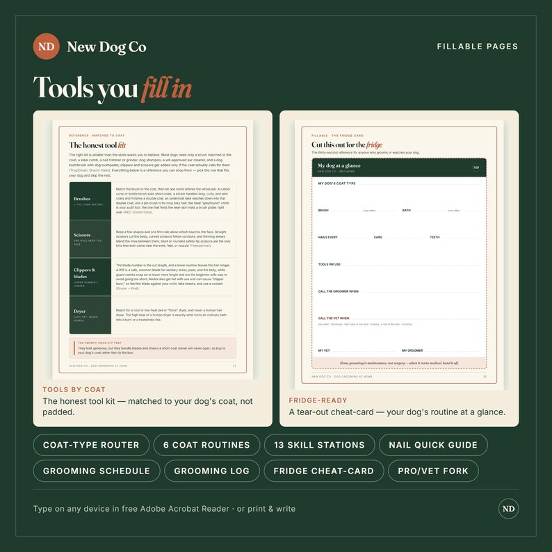 Puede incluir: Dos p&aacute;ginas imprimibles tituladas Tools you fill in y My dog at a glance. La p&aacute;gina izquierda enumera herramientas de aseo como cepillos, tijeras, cortapelos y secadores. La p&aacute;gina derecha es una tabla rellenable para el cuidado del perro.