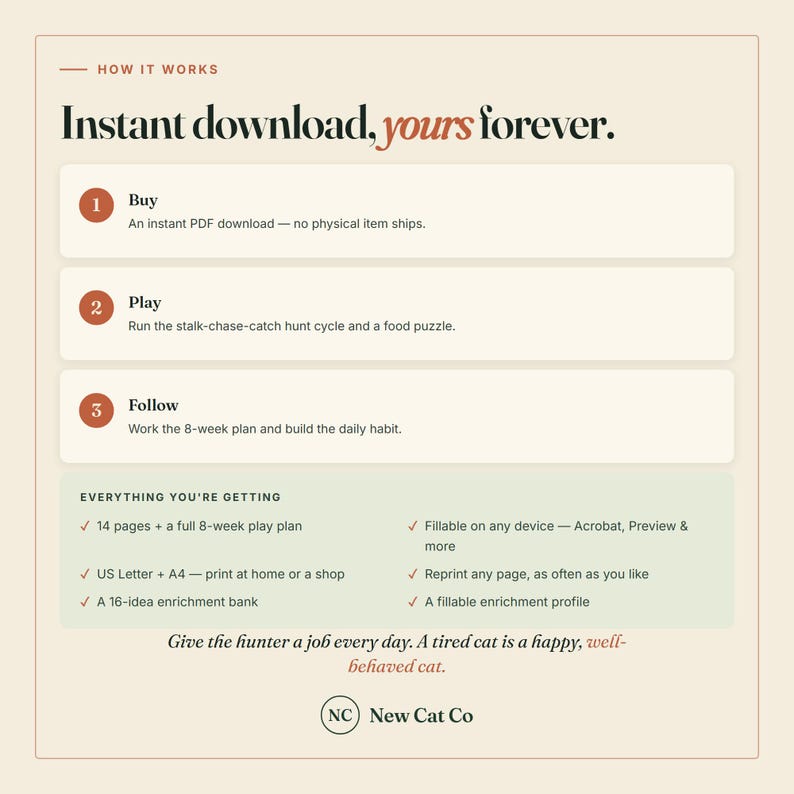 以下が含まれることがあります： How It Works: Instant download, yours foreverというタイトルの情報グラフィック。Buy、Play、Followの3つのステップが記載されています。14ページ、8週間のプラン、USレターおよびA4フォーマット、16のアイデアバンクなどの内容がリストアップされています。